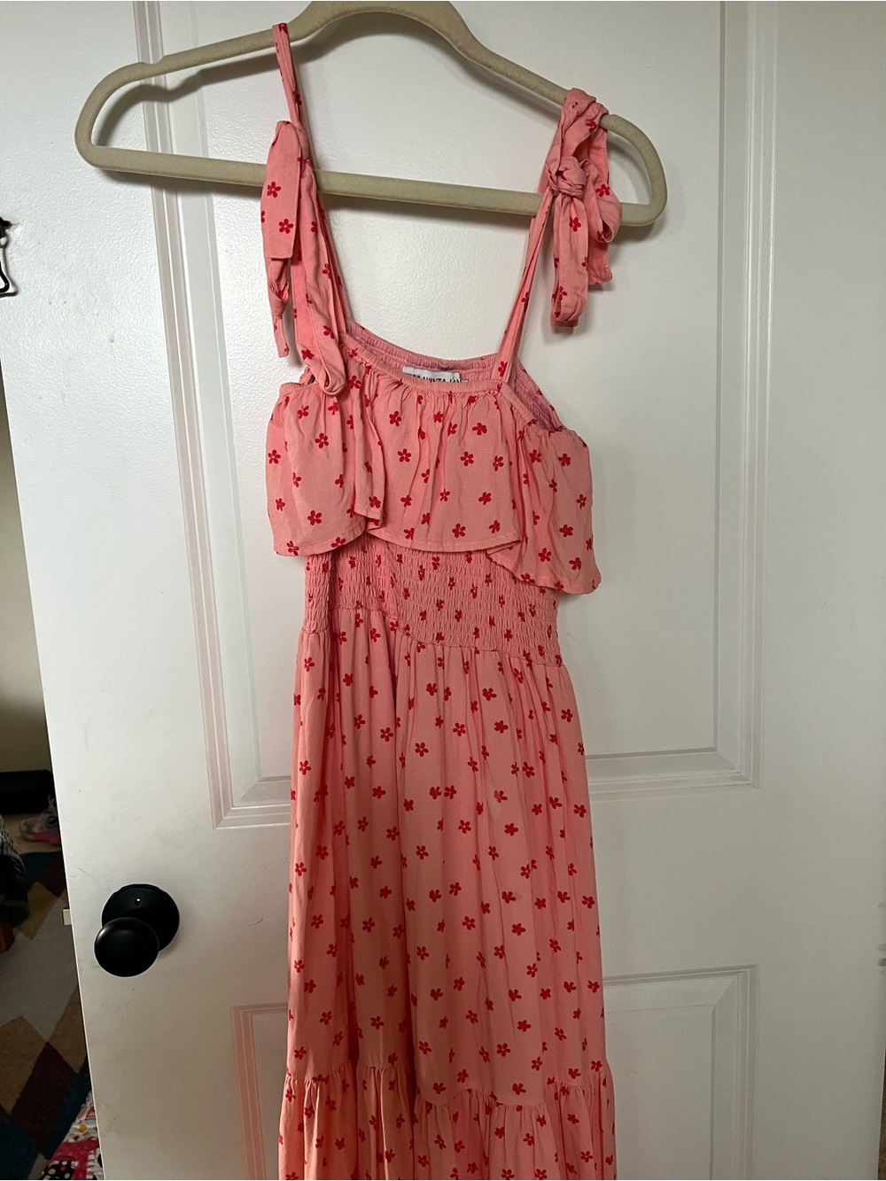 Tie-Shoulder Pink Floral Maxi Dress with Smocked Waist